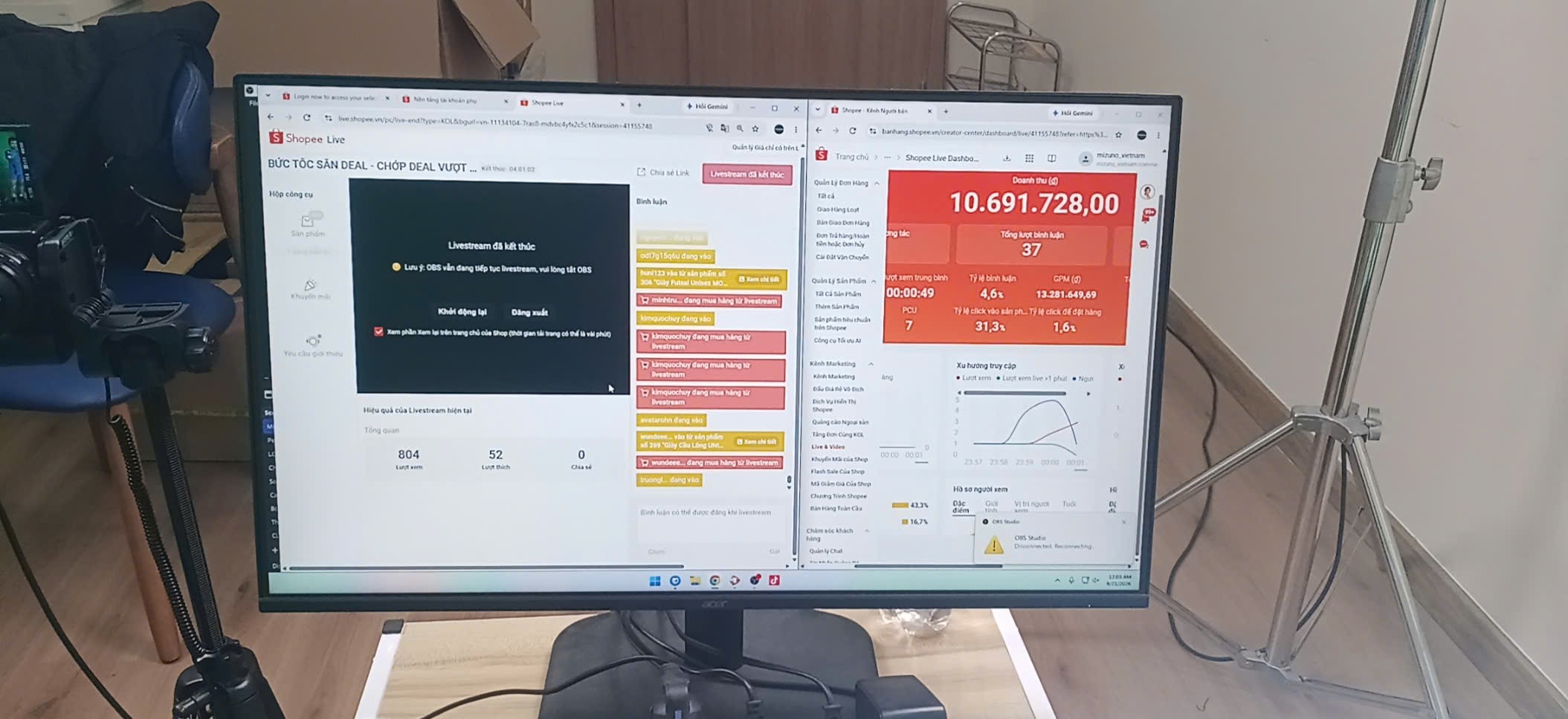 Bảng thống kê Shopee Live hiển thị doanh thu 10.691.728 đồng