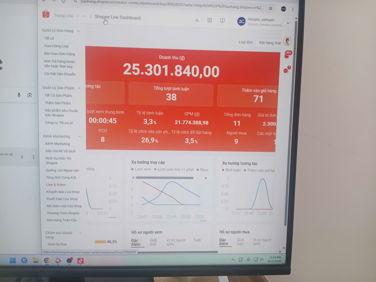 Bảng thống kê Shopee Live hiển thị doanh thu 25.301.840 đồng