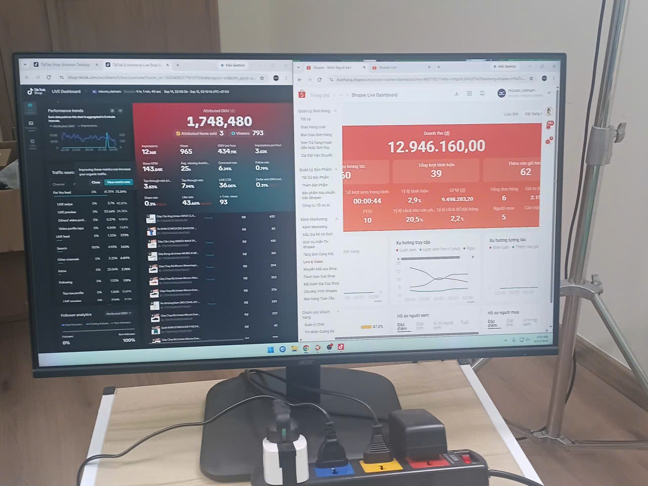 Màn hình thống kê TikTok và Shopee Live, phía Shopee hiển thị 12.946.160 đồng